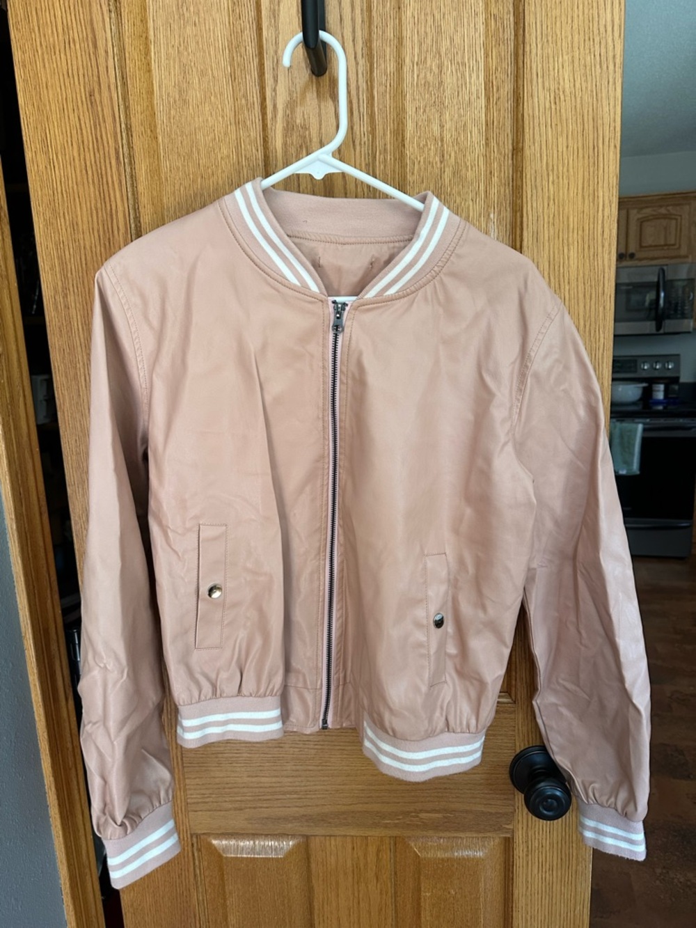 Blush Pink Bomber Jacket with Stripe Trim
